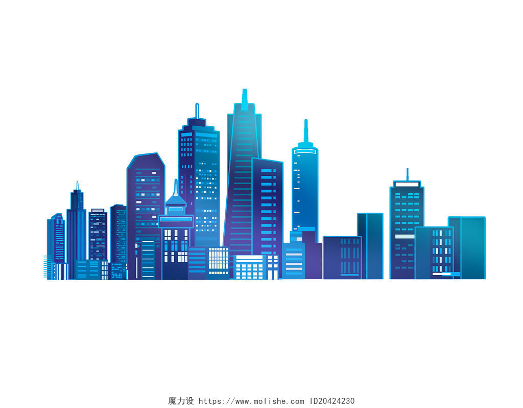 蓝色简约手绘卡通城市建筑元素PNG素材